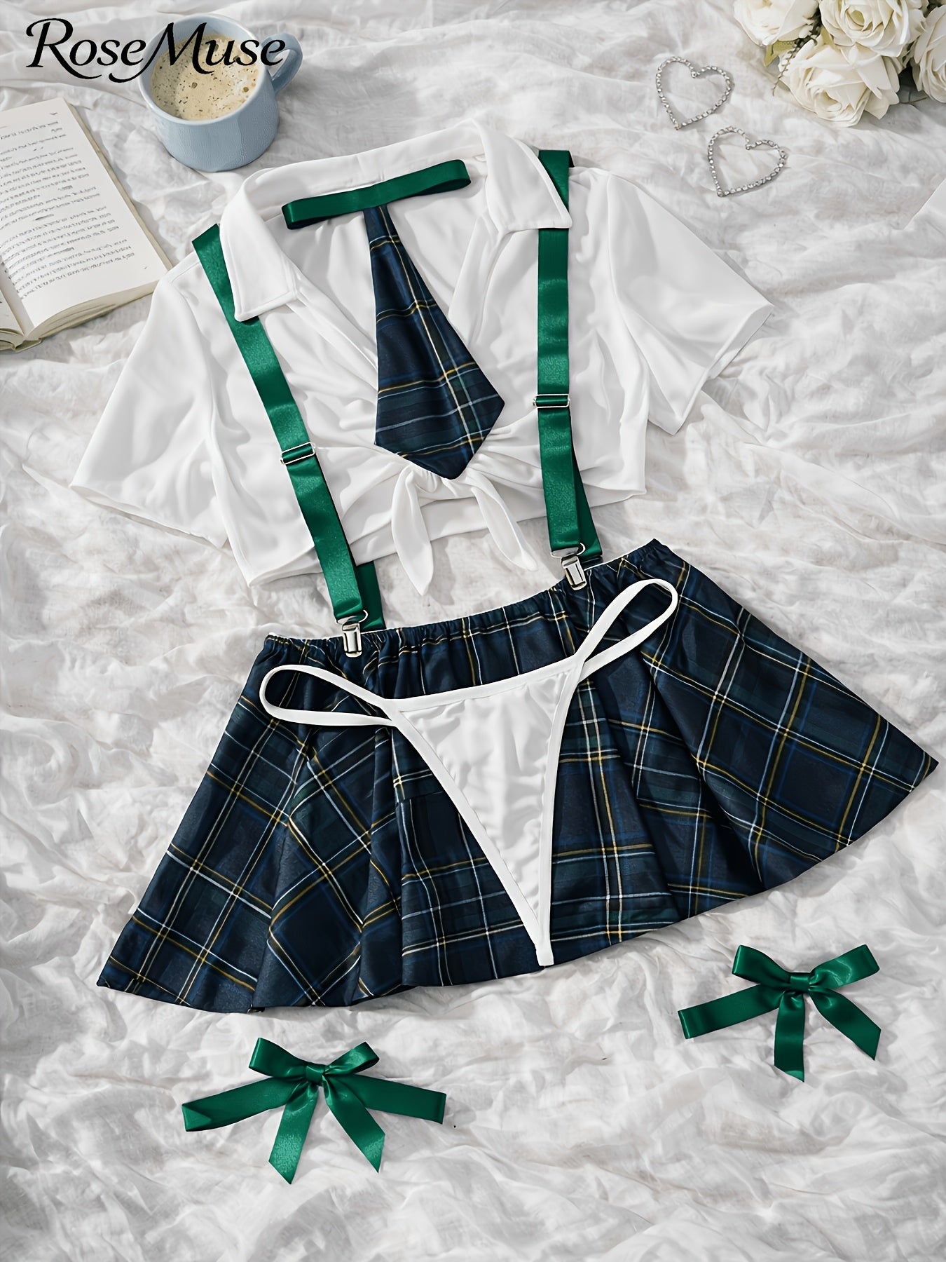 New European And American Style Plus-Size Women'S Cosplay Uniform Set: Plaid Suspender Mini Skirt, Top, Panties, Bow Tie, And Bow Leg Cuffs - 8pcs Set, Laid Skirt Sleeves Uniform Lingerie Set