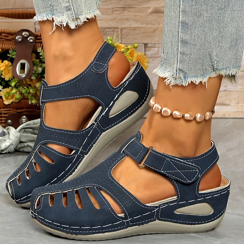Ladies Leisure Wedge Sandals | White Synthetic Cover | Middle Heel With Round Head Hollowed Out Design | Breathable And Comfortable | Wear All Season | Easy To Buckle And Close | Durable PU Sole | Fashion Versatile Shoes And Lace-up Sandals.
