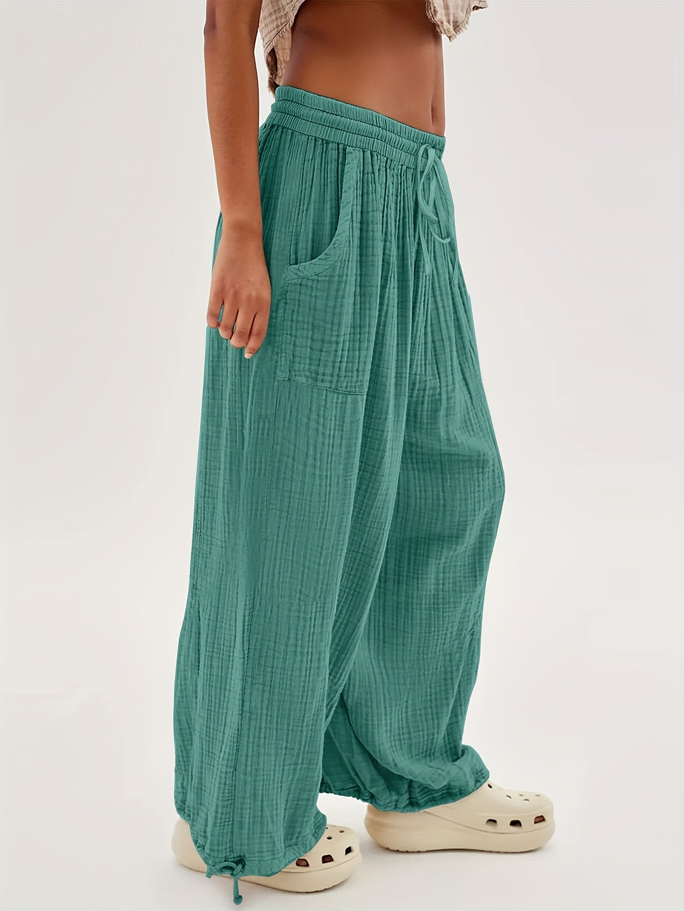 Autumn And Winter Women's Casual Pants, Khaki, Pockets, Wide Legs, Drawstring, Loose Fit, Everyday Commuting Wide-leg Pants.
