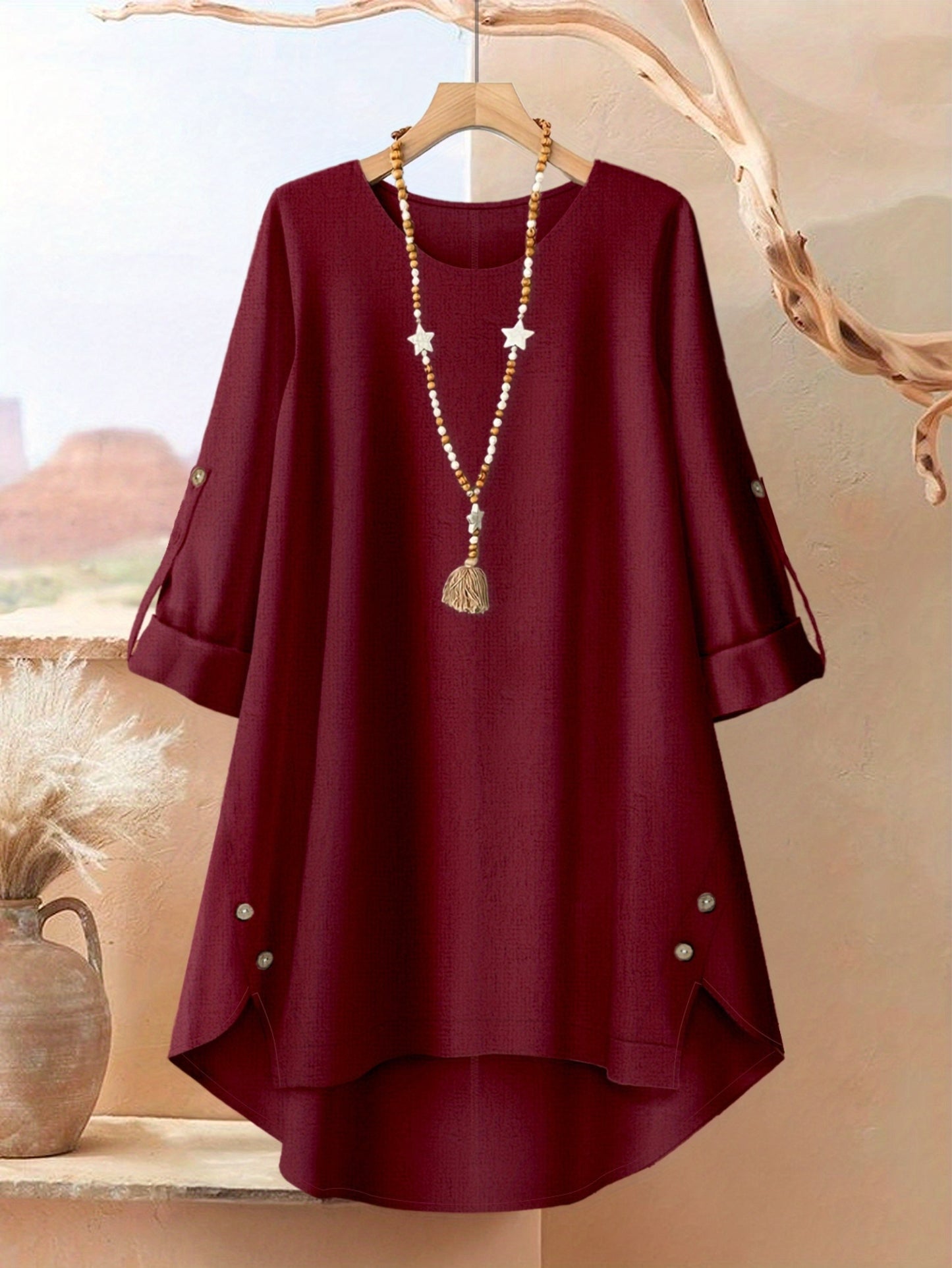 Plus Size, Plus Size - Plus Size - A Stylish 2pcs Outfit for Plus-Size Women Featuring an Asymmetrical Button-Up Top And Wide-Leg Pants with Artistic Prints, Perfect for Daily Elegance
