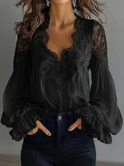 Plus Size, Spring and Summer Women's Bubble Sleeve Lace Splicing Shirt, Comfortable Fabric, Machine Washable