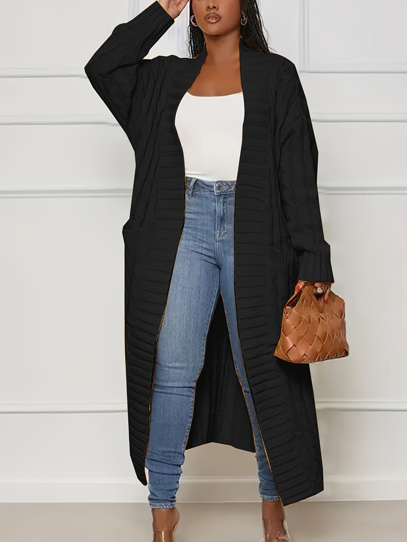 Plus Size, Large Size Twisted Flower Long Cardigan with Large Pockets, Loose Sweater Jacket for Autumn and Winter Fashion, Over the Knee for Outerwear