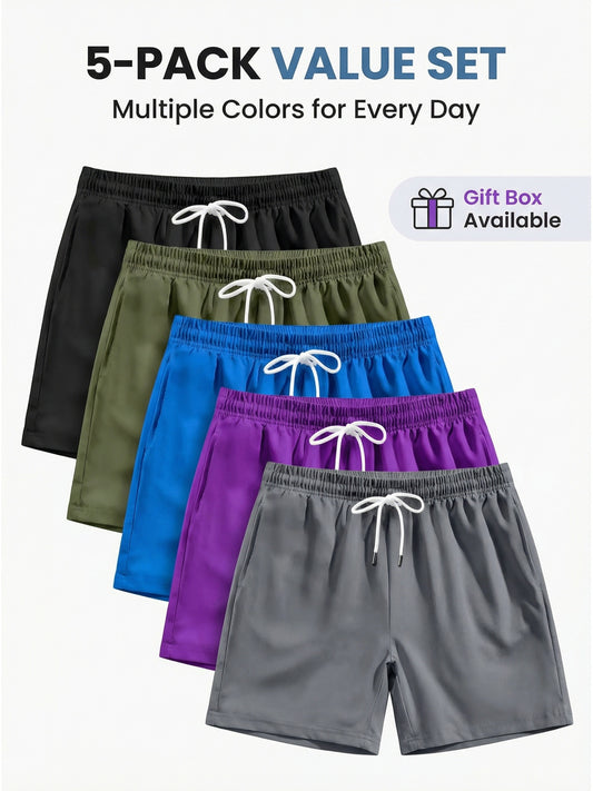 5pcs Athletic Shorts, Quick-Dry Knit Polyester, Solid Color, Loose Fit with Elastic Waist And Drawstring, Pockets, Sports Running Training Shorts, Shorts, Adolescents Shorts, Perfect for Outdoor, for Teenager