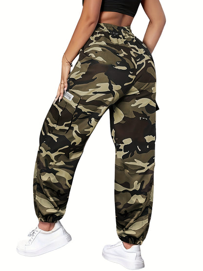 Women's Camo Cargo Pants Summer Lightweight Breathable Outdoor Casual Long Pants with Adjustable Elastic Waistband