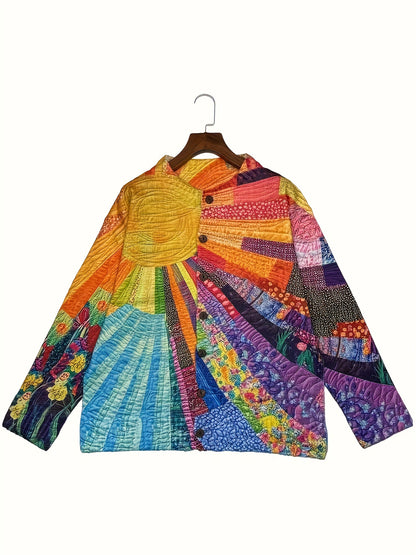 Plus Size, Large Size Sunshine Art Print Cardigan - And Fashionable, Women's Casual Sweater, Front Button Round Neck Coat, Four Seasons