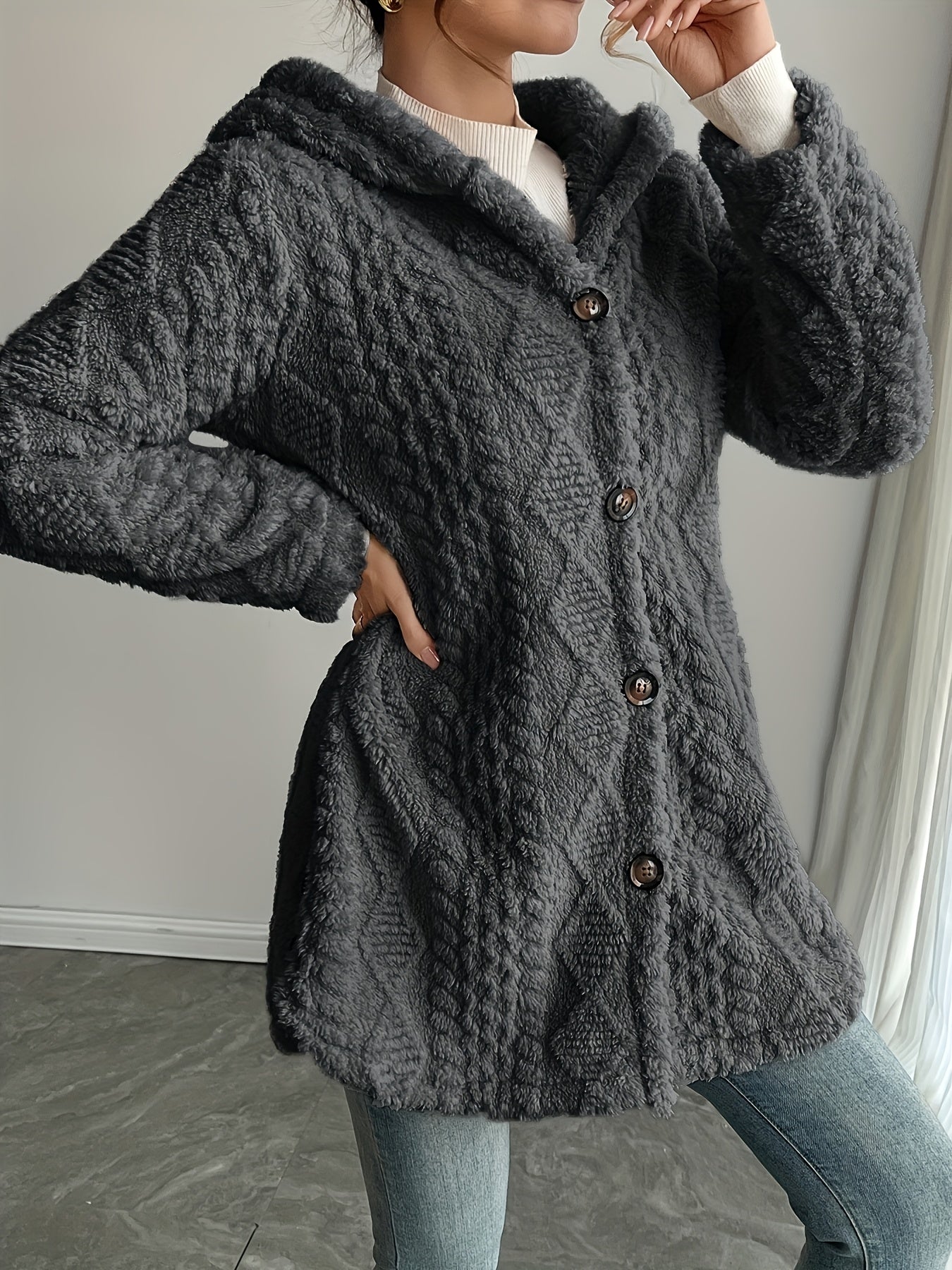 Hooded Fuzzy Coat Mid-Length Jacket with Buttons Soft Warm Winter Fall Outfits 5 Colors