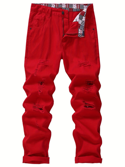 Men's Non-Stretch Ripped Tapered Denim Jeans - Distressed Streetwear Pants with Tapered, Ripped Hem & Flag Suitable for - Wear, Machine Washable Regular Fit for Urban Fashion and Casual Outfits
