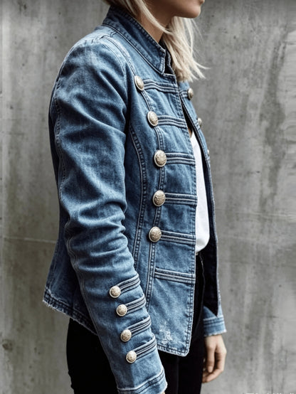 Women's Autumn/ Winter New Arrival Casual Stand Collar Patchwork Double-Breasted Slim-Fit Denim Jacket