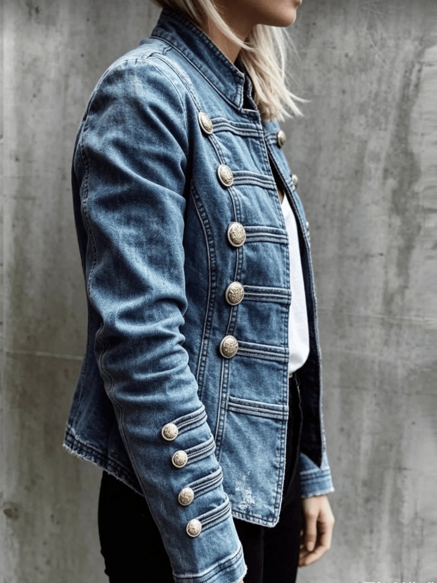 Women's Autumn/ Winter New Arrival Casual Stand Collar Patchwork Double-Breasted Slim-Fit Denim Jacket