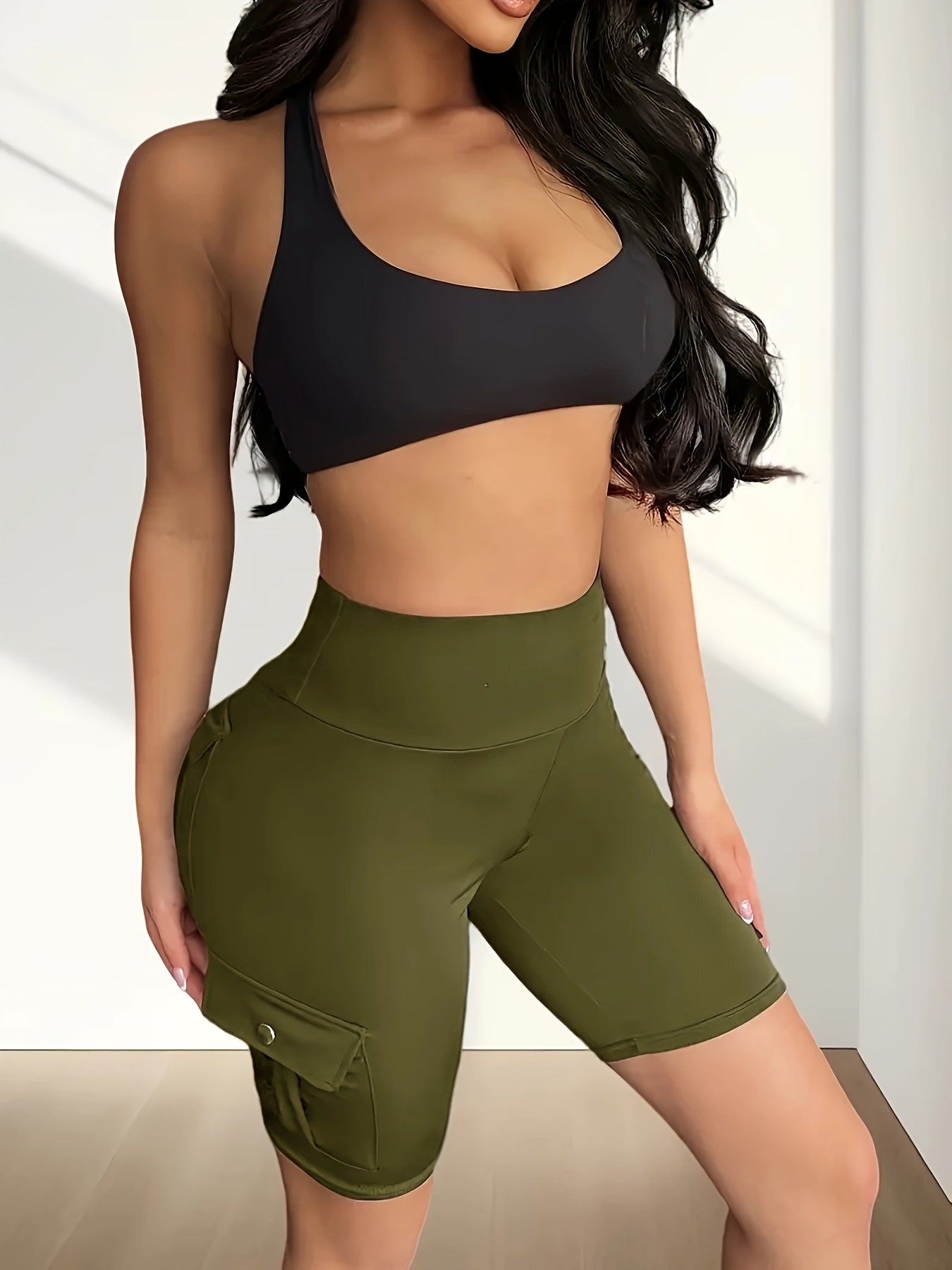 High Waist Women's Solid Color Sports Yoga Tooling Shorts with Pocket Design