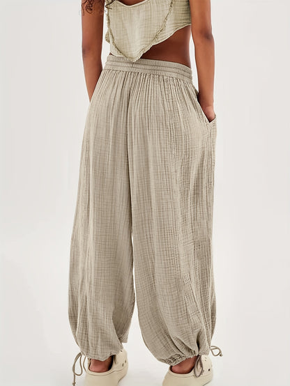 Autumn And Winter Women's Casual Pants, Khaki, Pockets, Wide Legs, Drawstring, Loose Fit, Everyday Commuting Wide-leg Pants.