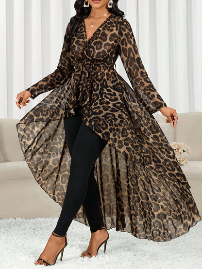 Plus Size, Plus Size Leopard Print V-Neck Asymmetric Hem Long-Sleeve Casual Shirt