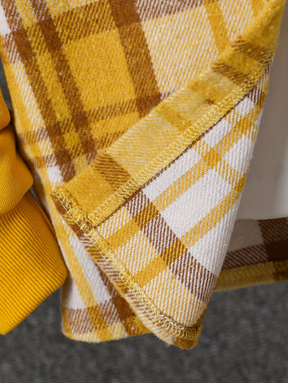 2pcs, Autumn And Winter New Boys' Long-Sleeve Plaid Cardigan Suit Boys' Puff Hooded Jacket Boys' Fashion Work Pants, for Outdoor