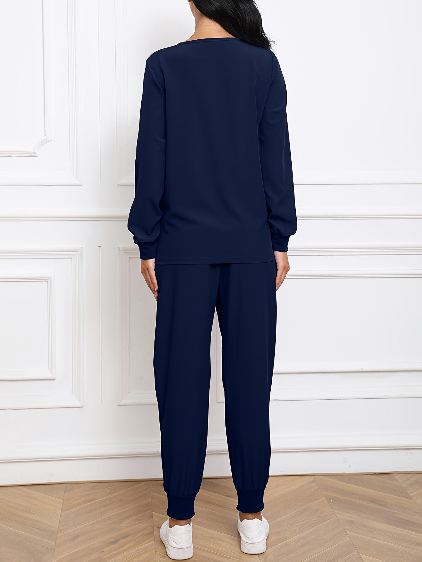 Women'S V-Neck Long Sleeve Elastic Uniform Set with Pockets, Breathable Stretch Top And Waist Cord Pocket Pants Two-Piece Set