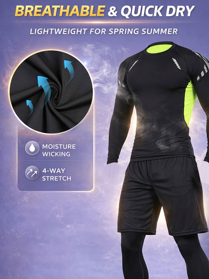 3pcs Men'S Quick-drying CompressionSports, Suit Summer Gym Running Training Clothes, High Elastic Breathable Morning And Night Running Cycling Mountaineering Hiking Fitness Sportswear, Fishing Sun Shirt, Father'S Day Gifts