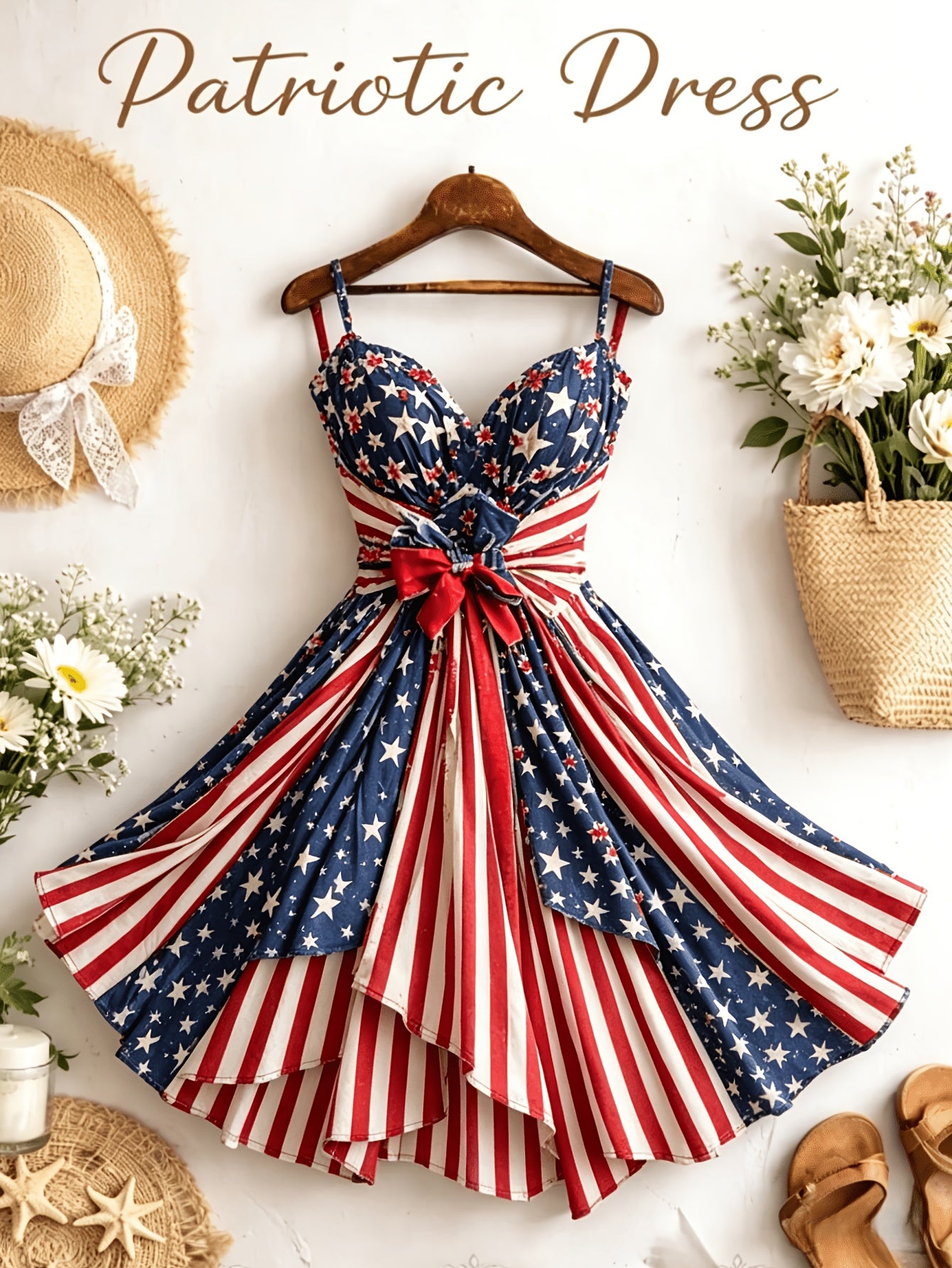 [Independence Day Style] Women's Retro Independence Day Style Camisole V-Neck Padded A-Line Waist Belted Fashion Dress