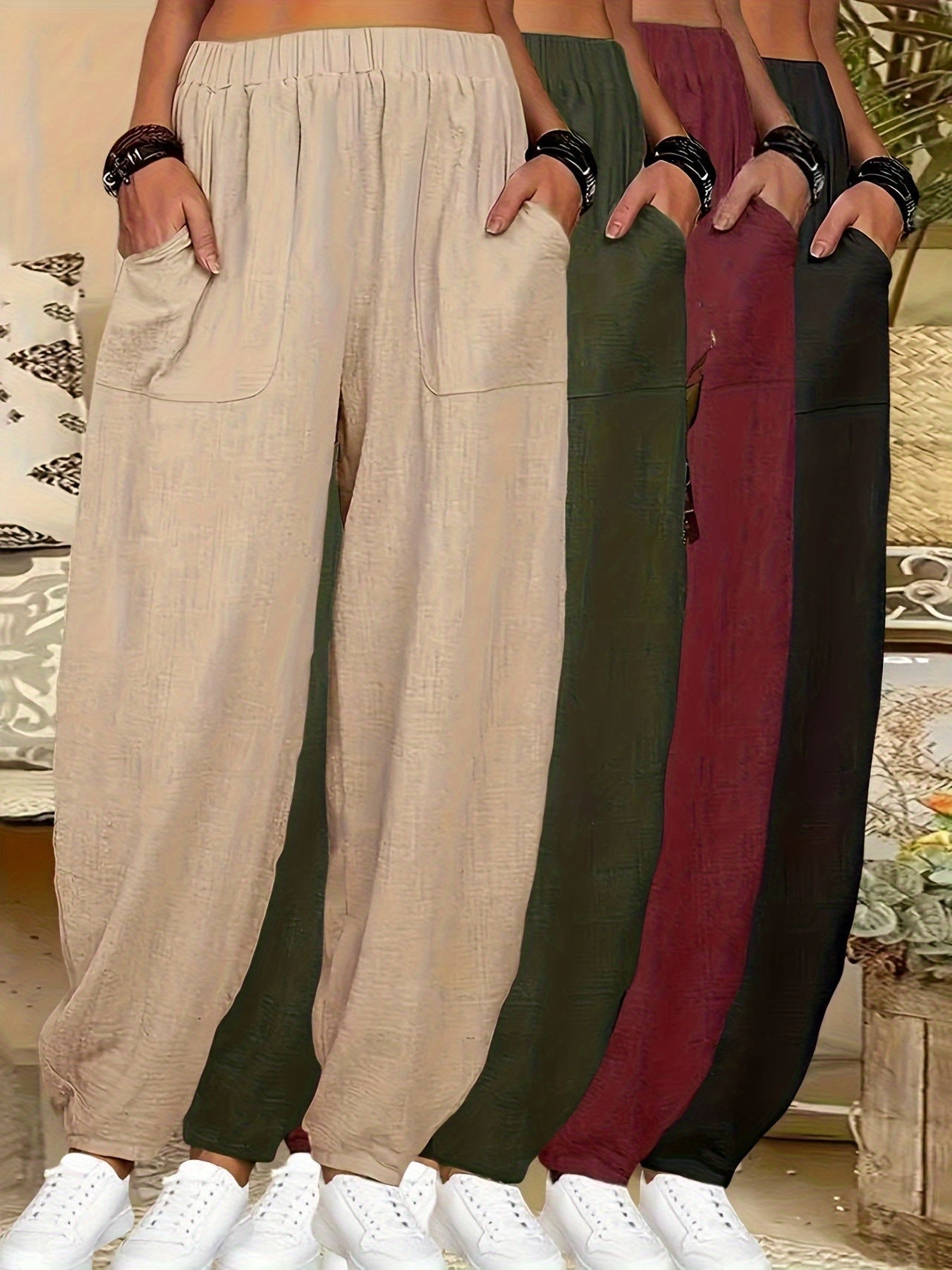 4pcs Women'S Casual Lightweight Harem Pants with Elastic Waist And Side Pockets - Breathable, Loose Fit, All-Season Wear, Black/Green/Brick Red/Khaki Solid Color, Machine Washable