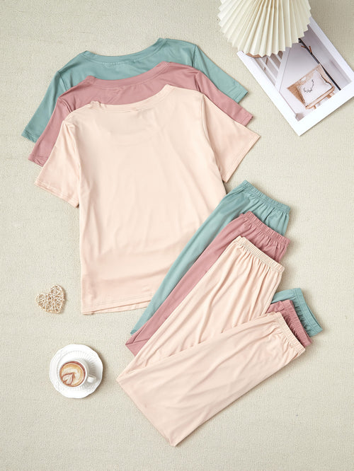 Six-piece Women's New Style Simple Solid-color Pajama Set, Short-sleeved And Long Pants Casual And Comfortable Home Wear