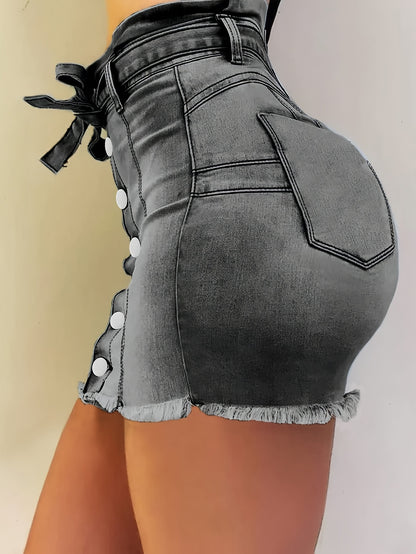 Women's Solid Color Denim Skirt with Waist, Headband, Tight Fitting Waist And Hips, with Access Control Buttons And Frayed Hem Suitable for Daily Wear In Summer