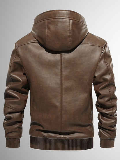 Men's Sherpa Lined PU Leather Jacket Warm Winter Hooded Motorcycle Jacket High Quality And Windproof Leather Biker Jacket Drawstring