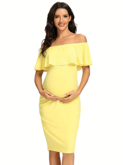 Women's Maternity Dress Off Shoulder Ruffle Sleeveless Bodycon Dress for Baby Shower