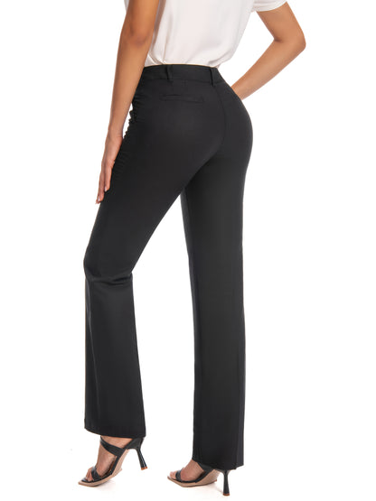 Women'S Black Work Pants Stretch High Waist Straight Leg Trousers with Pockets Office Casual Travel Daily Wear