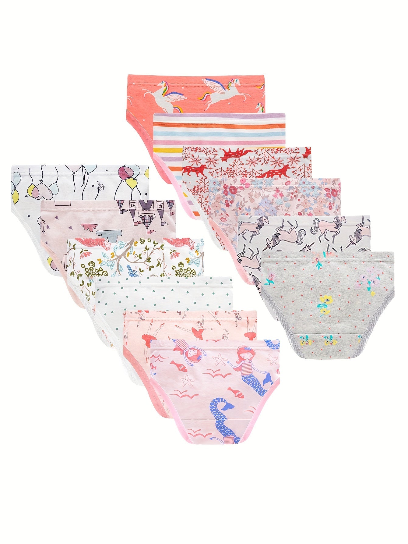 A Dozen Sets of Soft And Airy Girls' Underwear Featuring Designs Like Dolphins, Unicorns, Dancing Girls, Foxes, Balloons, Castles, Stripes, Flowers, Pegasus, And More, Perfect for Both Kids And Children
