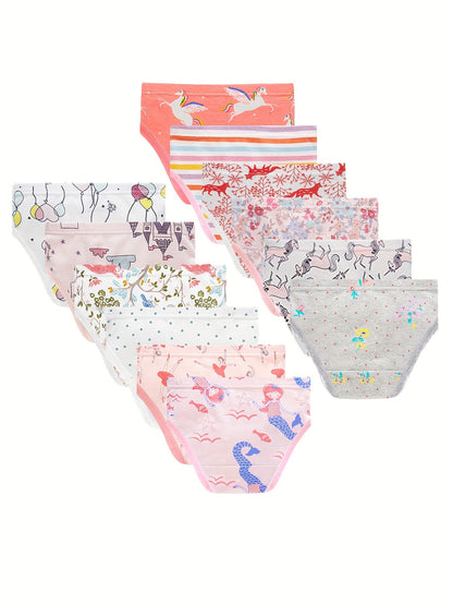 A Dozen Sets of Soft And Airy Girls' Underwear Featuring Designs Like Dolphins, Unicorns, Dancing Girls, Foxes, Balloons, Castles, Stripes, Flowers, Pegasus, And More, Perfect for Both Kids And Children