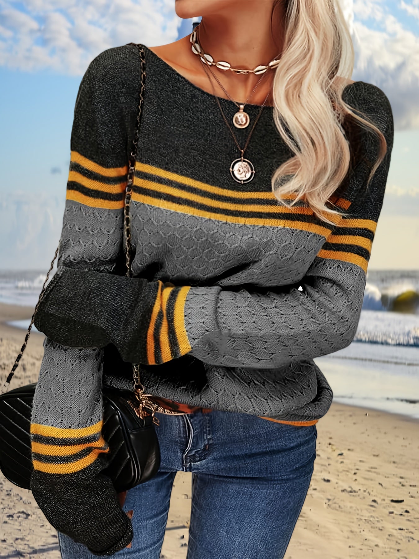 Women Autumn Winter Colorblock Pullover Sweaters Round Neck Striped Slim Fitting Knitwear Tops