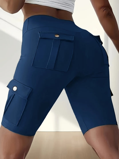High Waist Women's Solid Color Sports Yoga Tooling Shorts with Pocket Design