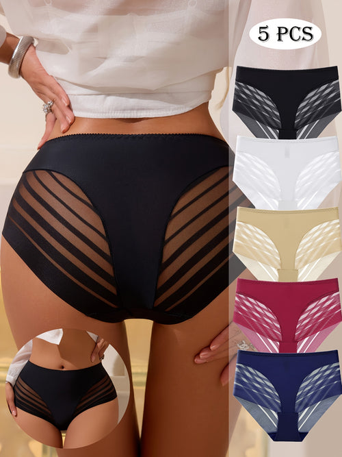 5pcs Sexy Lace Ladies Panties Mid Waist Hip Lift Breathable No Trace Comfortable Stripe Ladies Triangle Pants