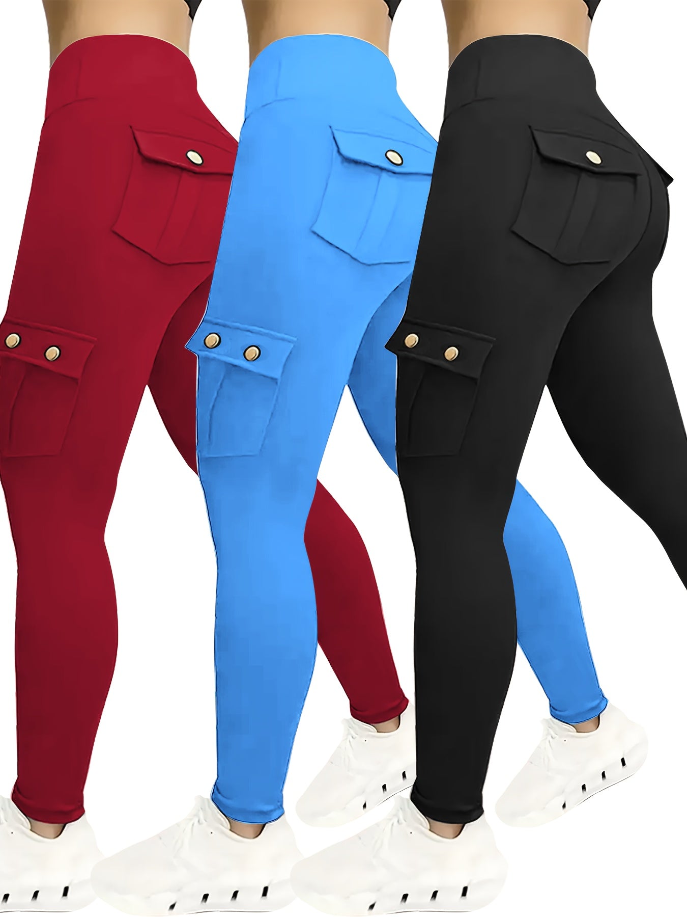 3-Pack Women'S High-Waisted Compression Leggings with Pockets, Suitable for All Seasons, Elastic Running And Sports Leggings, Button Design, Solid Colors (Black, Sky Blue, Gray, Pink, Red), Practical Flap Pockets, Comfortable Fabric