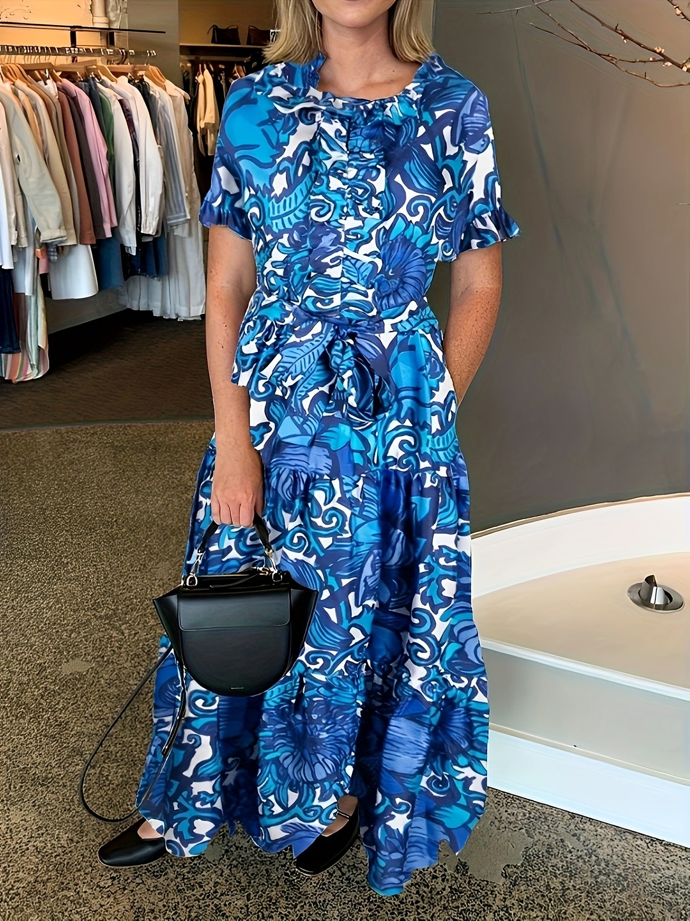Faux Tencel Blue/Yel Floral Print Short Sleeve Tie Layered Maxi Dress, Faux Tencel Fabric, Ruffles at Chest, V-Neck, Belted Waist, Two Side Slit Pockets, Short Sleeves, Tiered Skirt, Straight Hem
