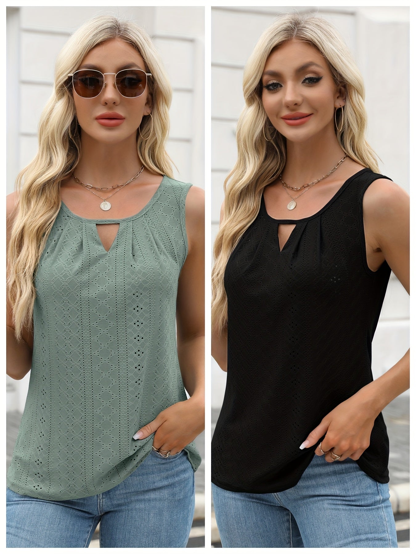 Women's Two-Piece Summer Tank Top Set - Sleeveless Eyelet Embroidery, Loose Fit, Business Casual Tops for Work & Everyday Wear[Women's Two-Piece Summer Tank
