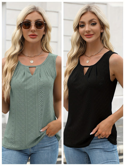 Women's Two-Piece Summer Tank Top Set - Sleeveless Eyelet Embroidery, Loose Fit, Business Casual Tops for Work & Everyday Wear[Women's Two-Piece Summer Tank