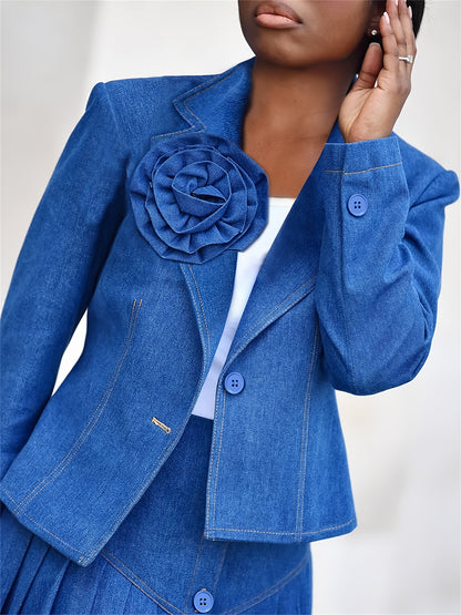Gifts for Her, Denim Skirt Suit for Women, Designer Applique Jean Blazer And Pleated Skirt 2pcs Set, Business Casual Outfits, Front-breasted, High-rise, Pockets, Lapel Collar, Long Sleeves, Elegant