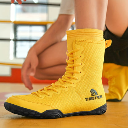 Men's High-Top Boxing Shoes - Non-Slip, Comfortable Wrestling & Training Sneakers for Indoor Sports, Black/White