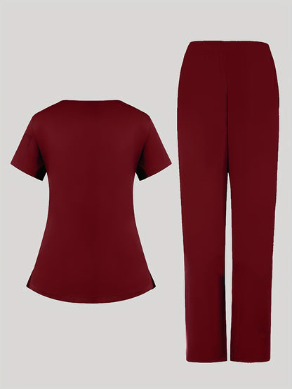 2pcs Women's Breathable V-Neck Work Uniform - Machine Washable Pocket Detail Matching Top & Pants, Casual Work Clothes Suitable for Work Uniforms, Healthcare, Education, Retail - Comfortable Professional Attire