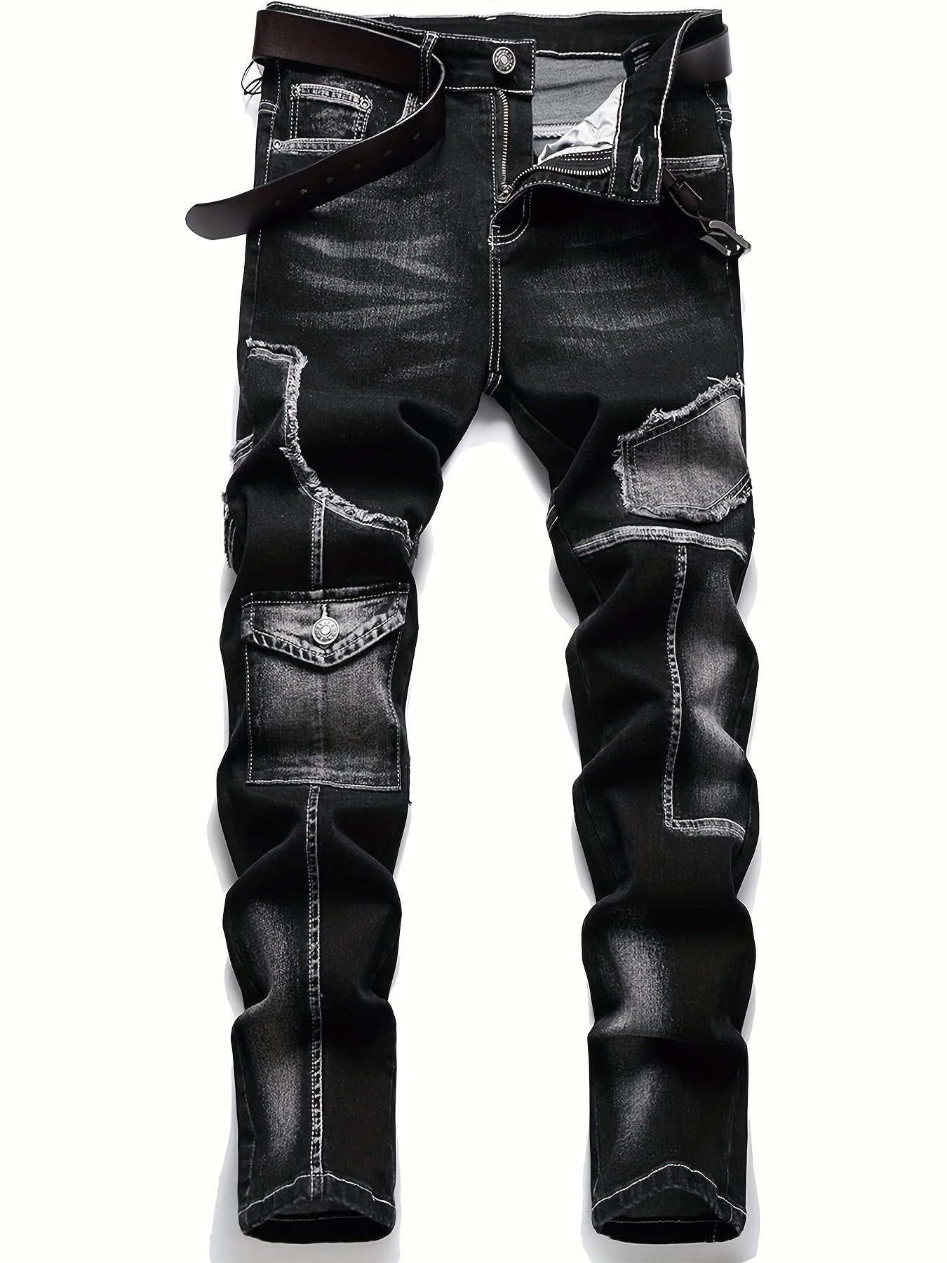 Mid-high Waist Fringed Jeans, Street Style, Solid Color, Suitable For All Seasons.
