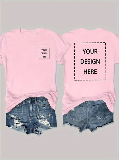 Customizable Women'S Geometric Print Crew Neck Short Sleeve T-Shirt - Soft Pink Casual Elegant Top, Machine Washable Comfort Fit, Personalized Design, Perfect for Spring/Summer/Fall, Casual Wear|Casual Style|Medium Stretch Fabric