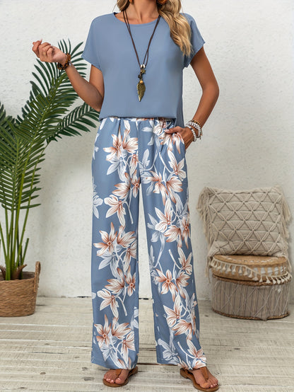 Women Solid Color Round Neck Short Sleeve Top And Flower Print Wide Leg Pants Set for Summer Two Piece Outfits