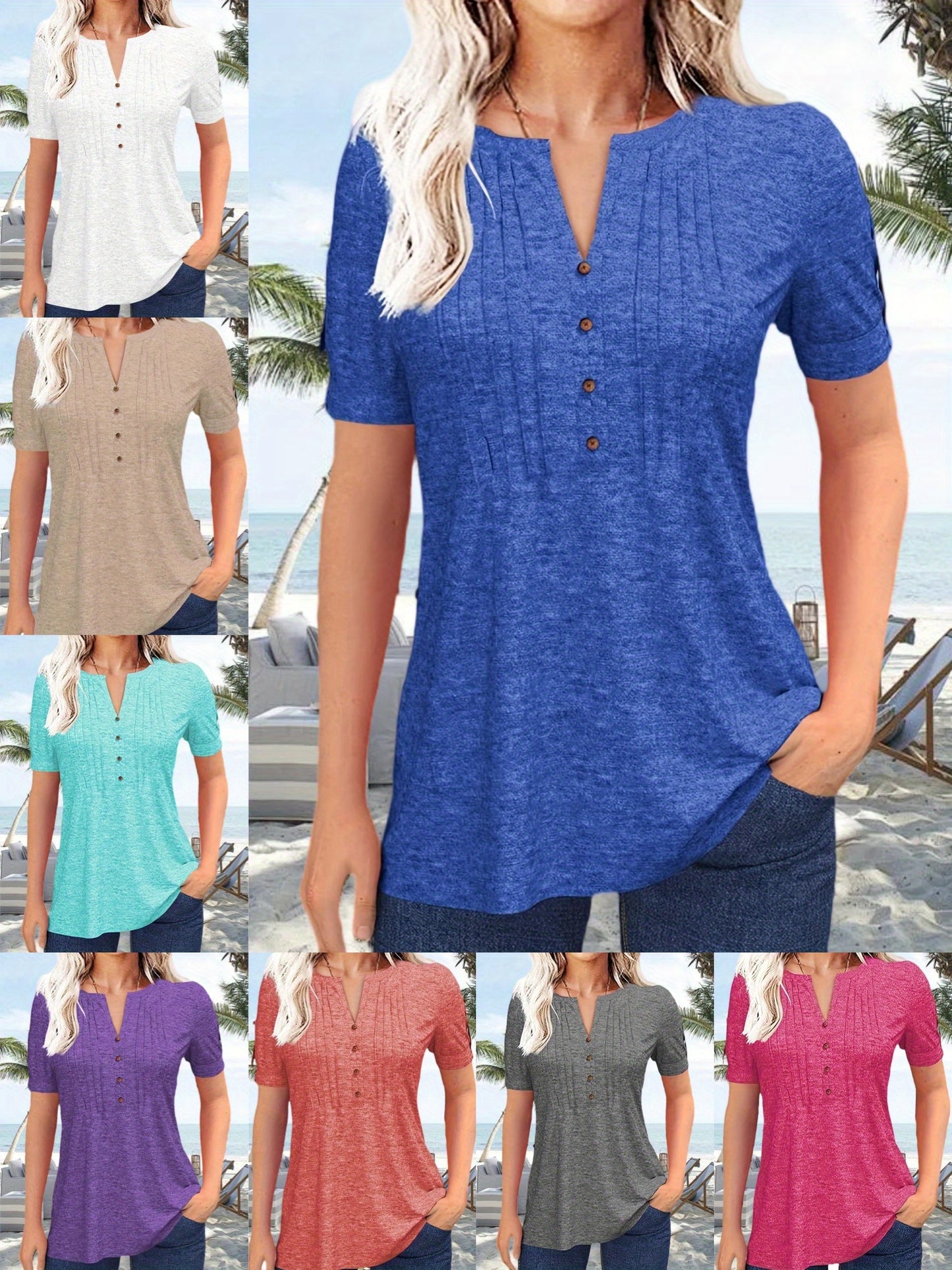 Women's Hot-selling Summer Casual V-Neck Pleated Blouse Short Sleeve Button-Up Solid Color Top