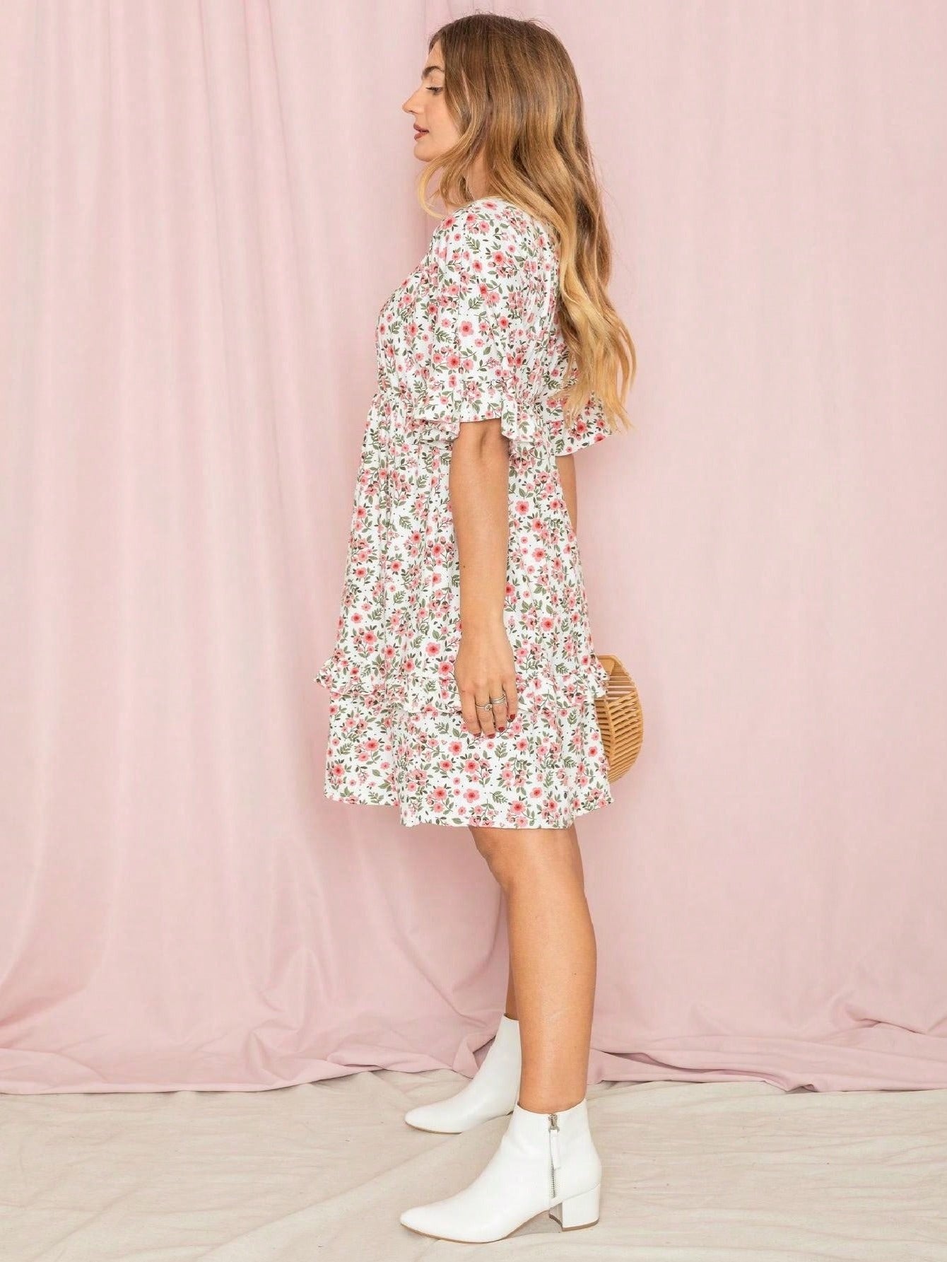 Vintage Boho Navy Pink Yellow White Charcoal Floral Ruffle flutter Trim Midi Dress S-3X