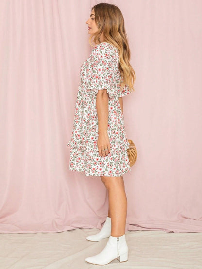 Vintage Boho Navy Pink Yellow White Charcoal Floral Ruffle flutter Trim Midi Dress S-3X