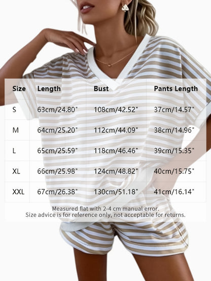 Women'S 2pcs Striped Lounge Set Short Sleeve V-Neck Top And High-Waist Shorts, Casual Athletic Sleepwear Outfit, Summer Sportswear
