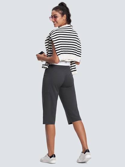 18-Inch Capri Trousers for Women Featuring a High Waist, Pockets, Tummy Control, And a Loose Straight Leg Design Suitable for Workouts And