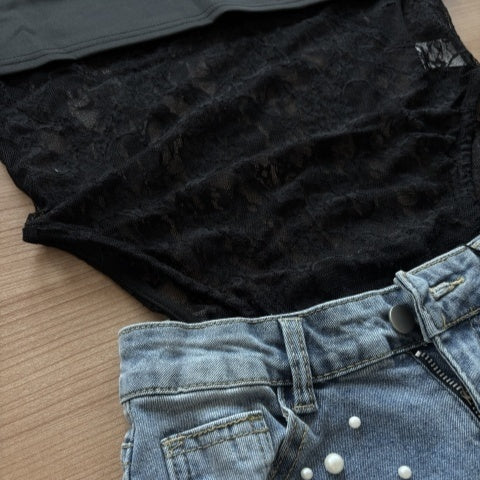 Long-sleeve Irregular T-shirt Top, Lace Jumpsuit for Women, Round Neck, Summer Fashion, Women's Streetwear, Y2K Lace Patchwork, Perfect for Music Festivals, Brunches, Date Nights, and Nightclubs