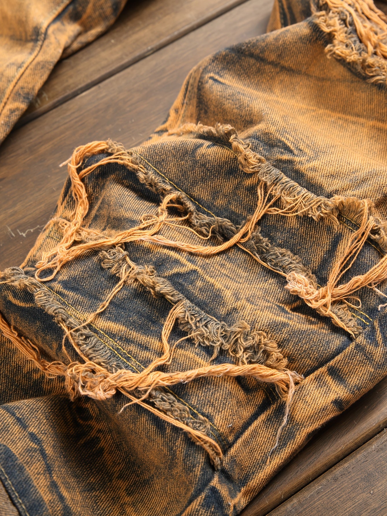 Fashion Trends Stacked Multi-post Fabric Tassels Holes Irregular Tie Flower Splashed Ink Jeans Casual Men's Trousers