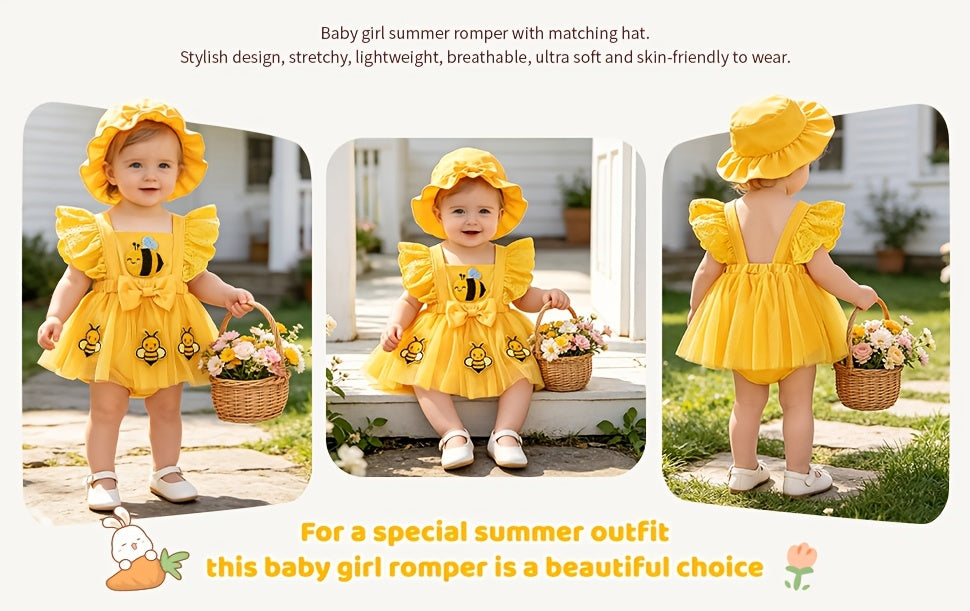 Baby Girl Summer Yellow Bee Jumpsuit Set: Sleeveless Patchwork Chiffon Jumpsuit And Matching Sun Hat, Suitable for Outdoor Outings (0-18 Months)
