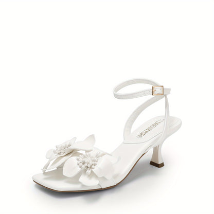 Women's Flower Wedding Heels Cute Square Toe Slingback Low Kitten Heels Sandals with Ankle Strap, Womens Kitten Heel Sandals, Women Shoes